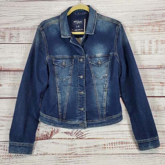 Silver jeans Co. Y2K Jean Jacket Blue Fade Button Pockets Denim Coat Size Large - Picture 1 of 11